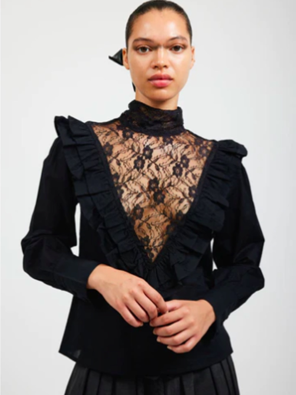Batsheva Peche White Ruffle Detail Long Sleeve Women's Top